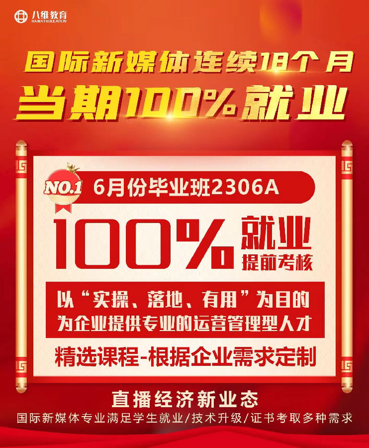 八维职业学校国际新媒体连续18个月百分百就业喜报