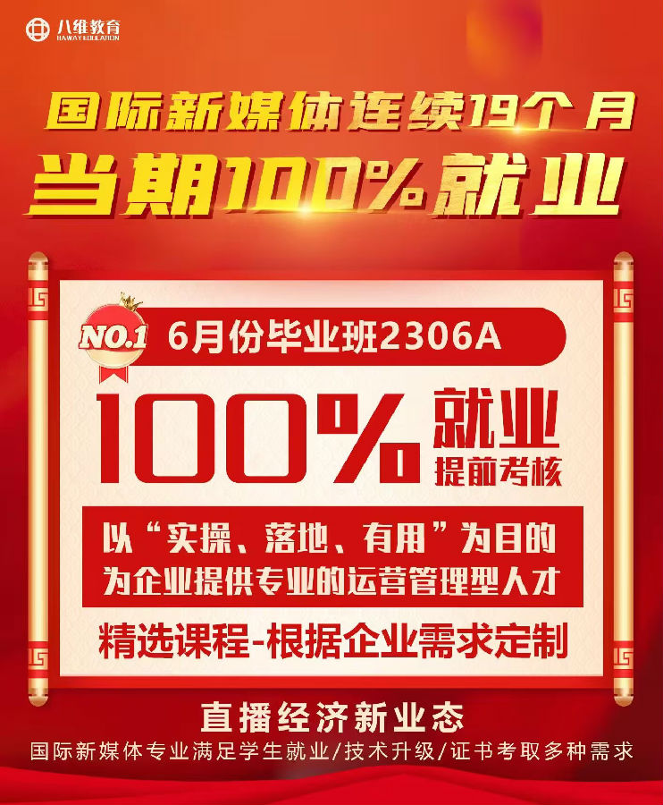 八维职业学校国际新媒体连续19个月百分百就业喜报