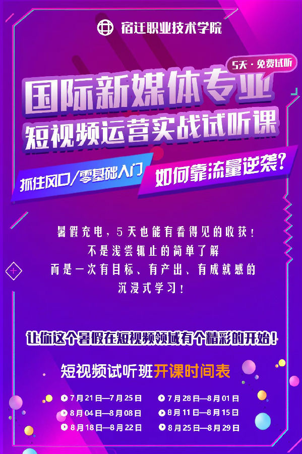 八维职业学校宿迁校区国际新媒体五天试听班课开班啦