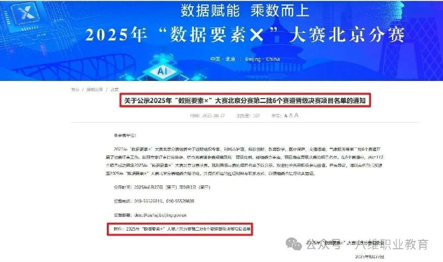 热烈祝贺八维职业学校晋级2025年“数据要素×”大赛北京分赛决赛