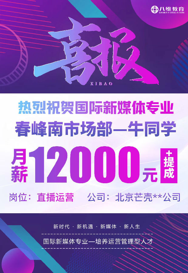 八维职业学校国际新媒体近期就业喜报来袭